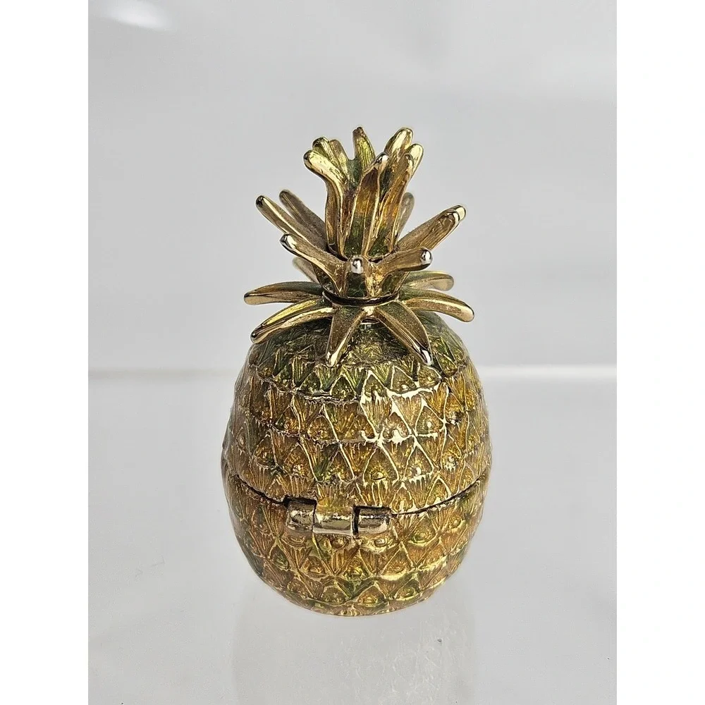Monet Enameled Pineapple Keepsake Pill Trinket Box Gold Tone